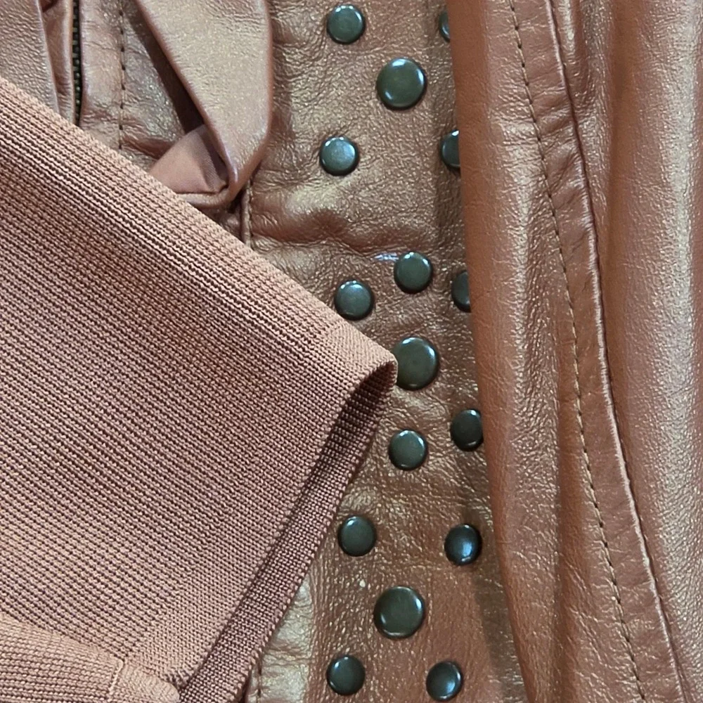 Silhouettes Leather Knit Jacket Womens 1X Brown Excellent Studded Ruffle